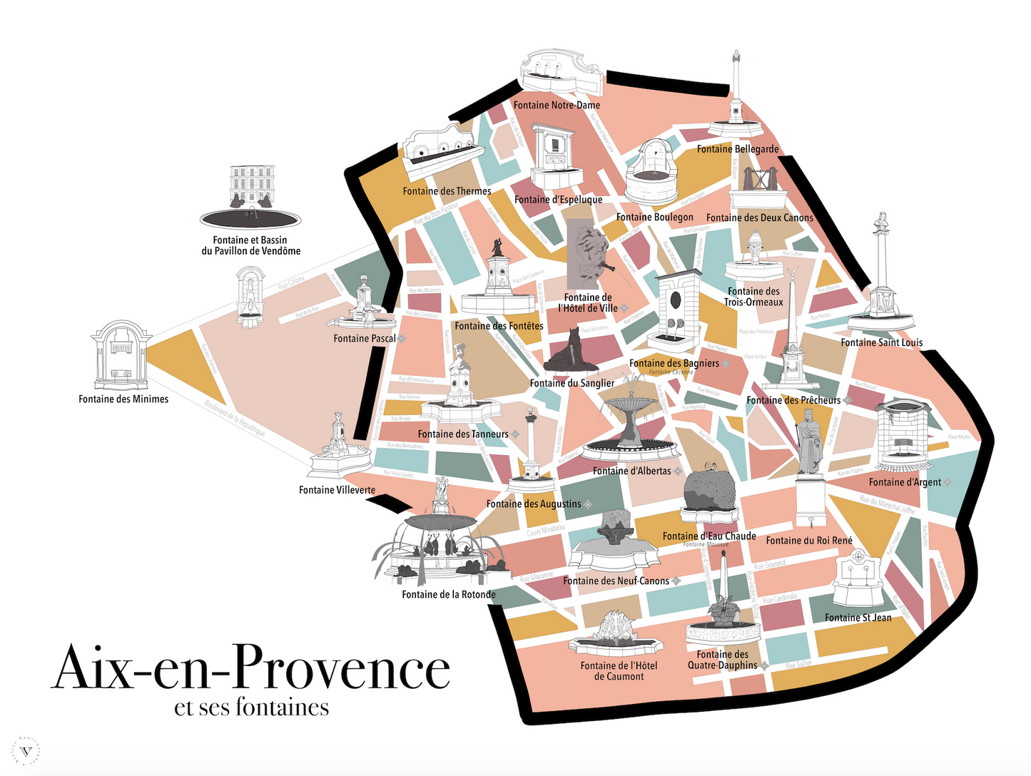 Carte des Fontaines d'Aix-en-Provence