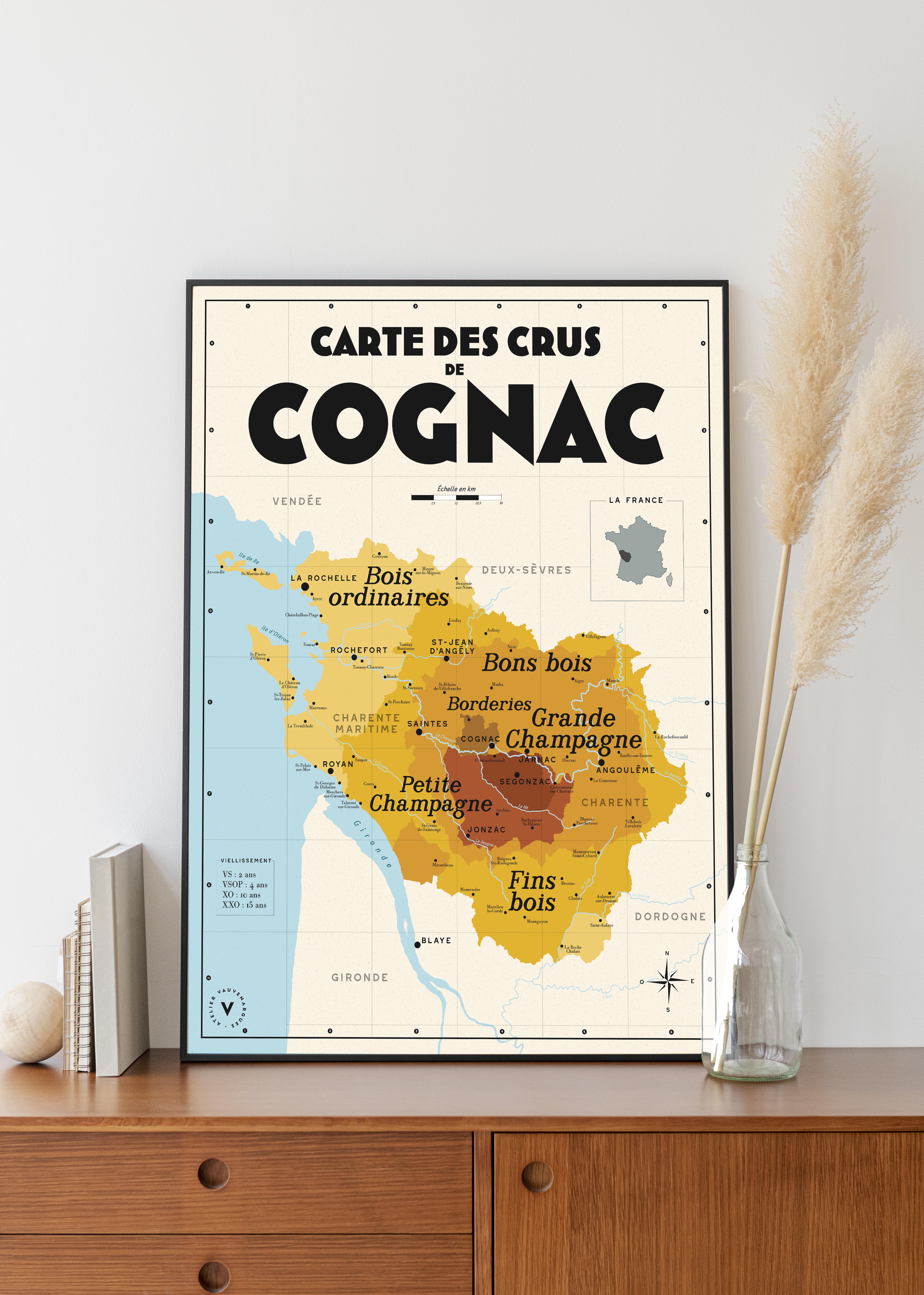 Carte des crus de Cognac - Affiche 30x40 cm