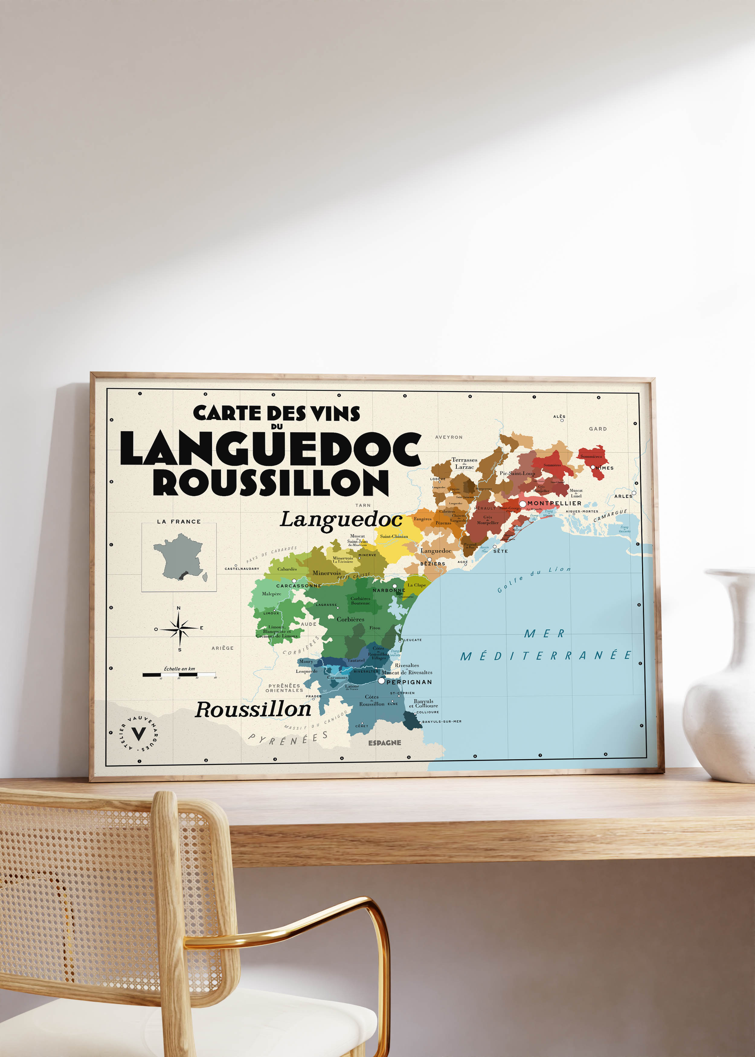 Carte des vins du Languedoc-Roussillon - Affiche 30x40 cm ou 50x70 cm
