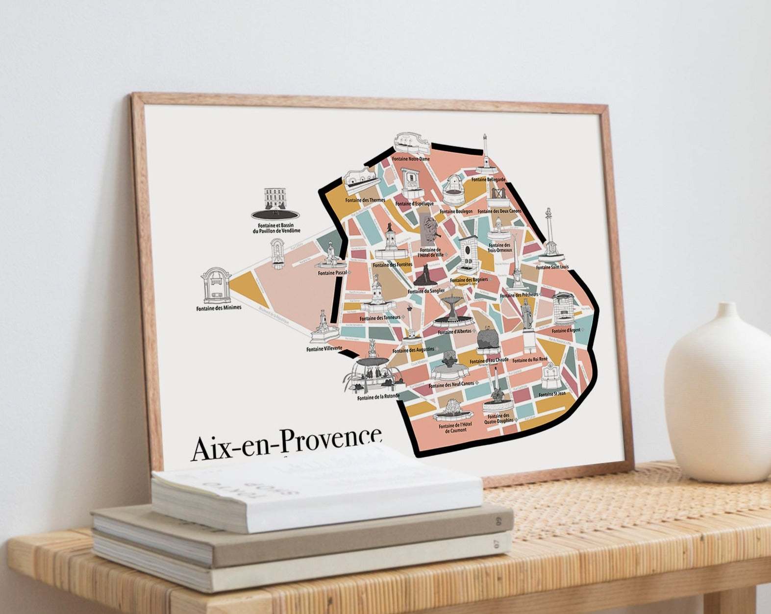 Carte des Fontaines d'Aix-en-Provence - Affiche 30x40 cm